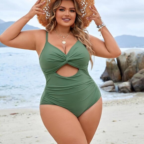 Women's Plus Size Tummy Control One Piece Swimsuit with Twist Front and Ruched D - Picture 6 of 8